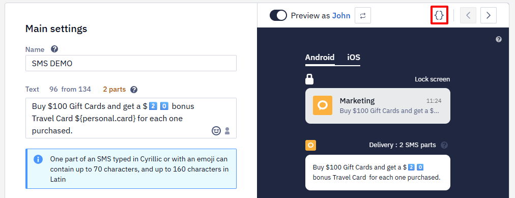 Dynamic content icon above message preview