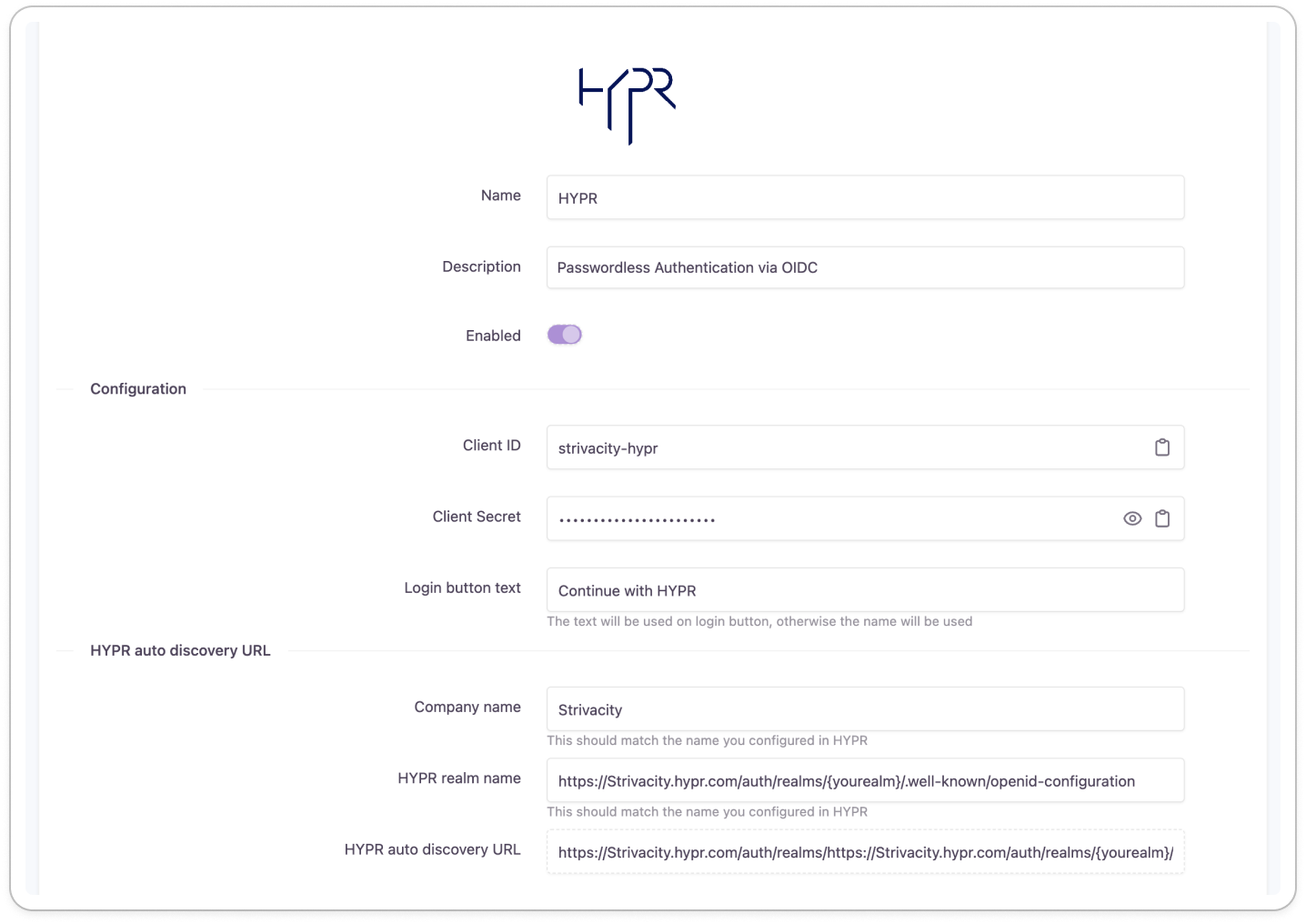 HYPR configuration page