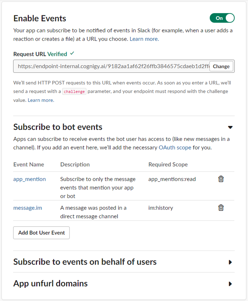 Figure 2.4: Slack App Event Subscription page