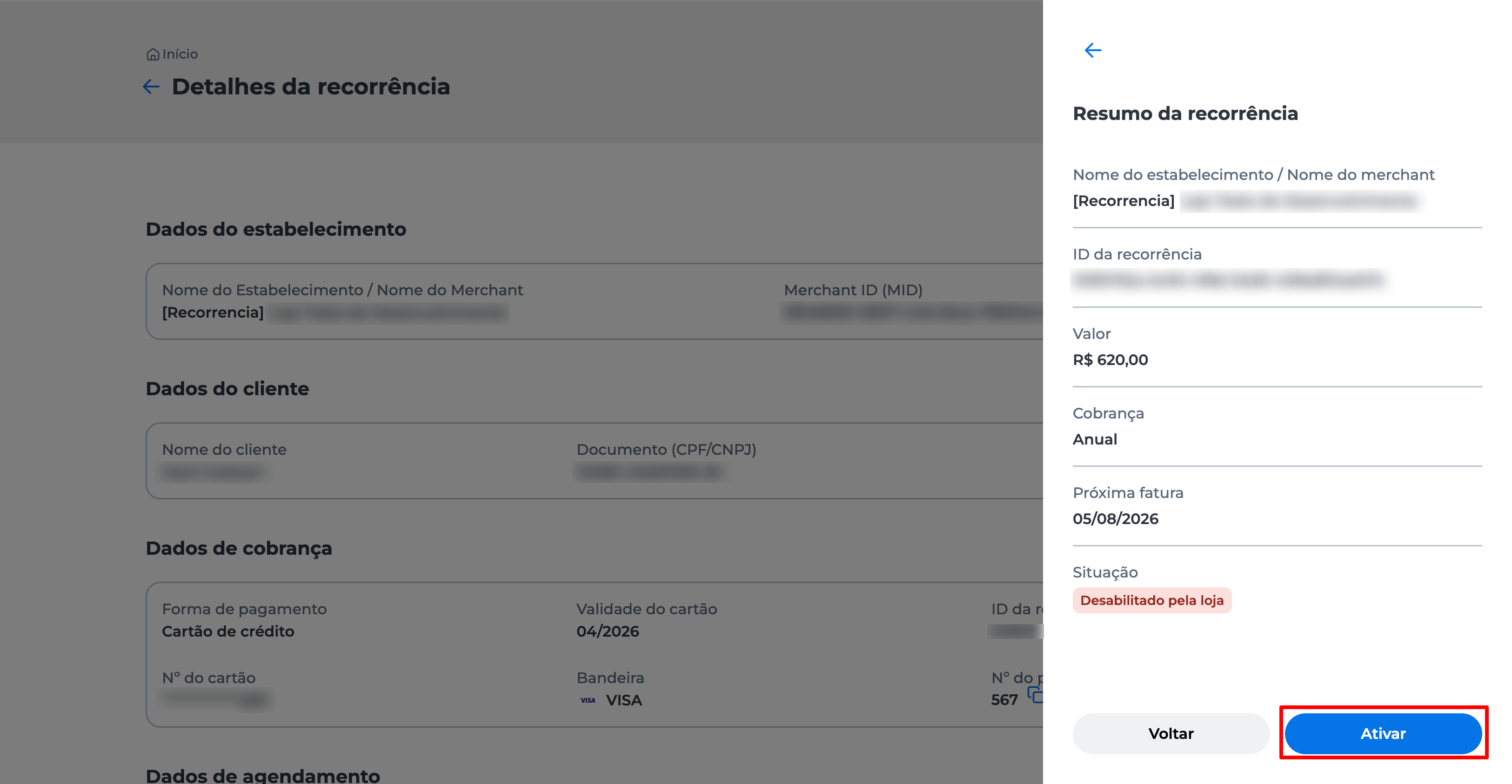 Janela pop-up no Portal E-commerce da Cielo exibindo o resumo da transação recorrente, com botão "Ativar" em destaque para confirmar a reativação da cobrança automática.