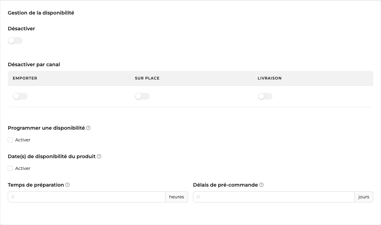 Section Gestion de la disponibilité dans le formulaire produit