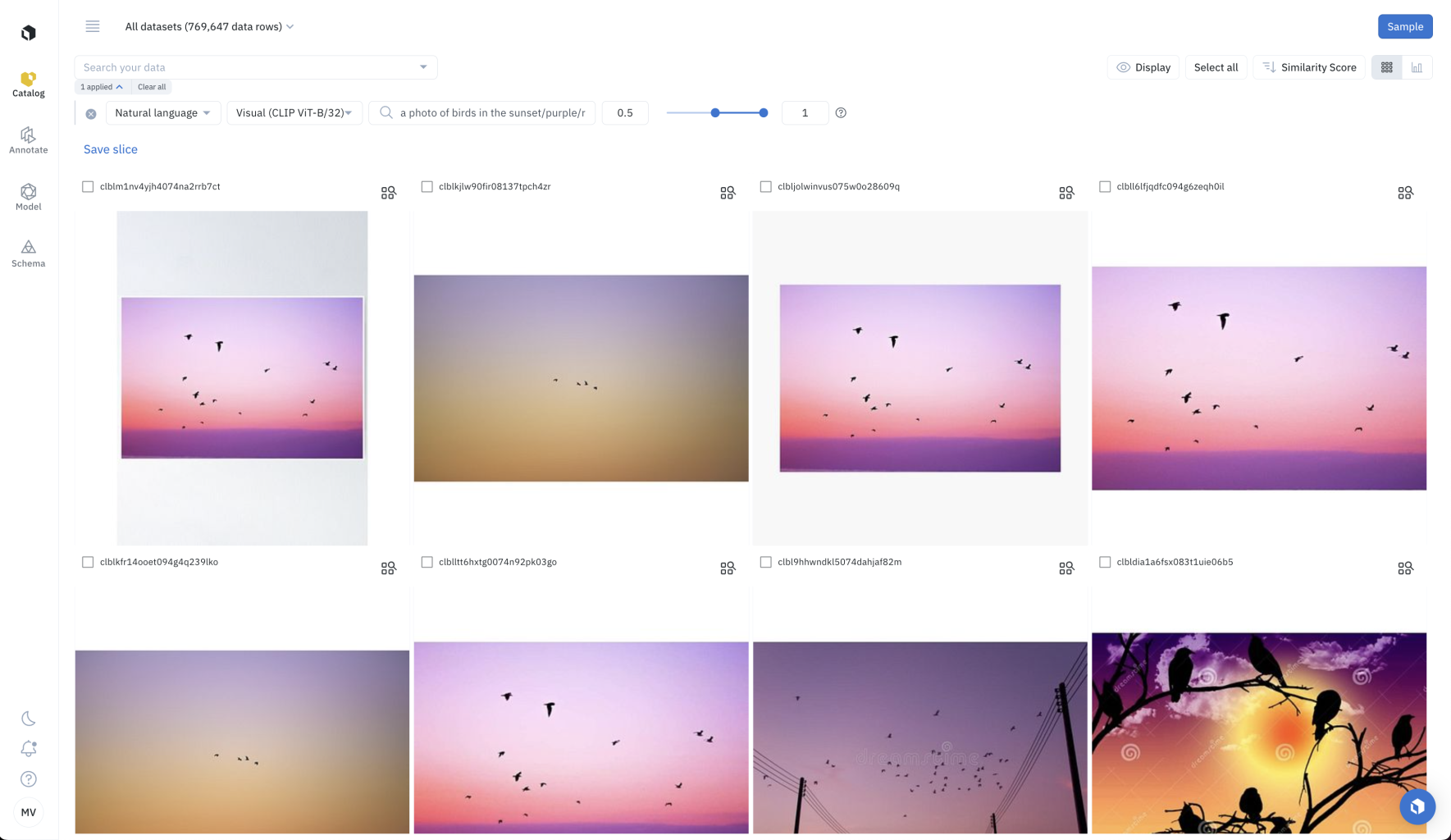 Advanced prompt to remove images of red sunsets: _a photo of birds in the sunset / purple / red_