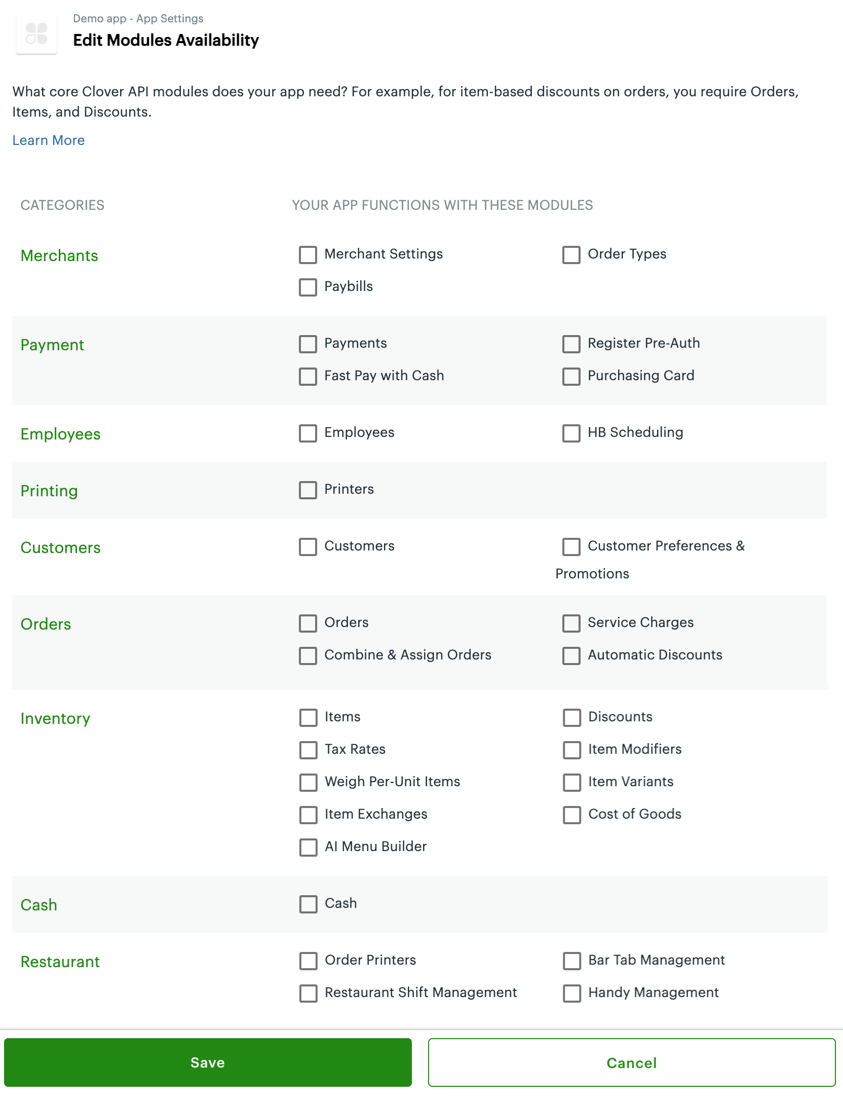 Edit Modules Availability page