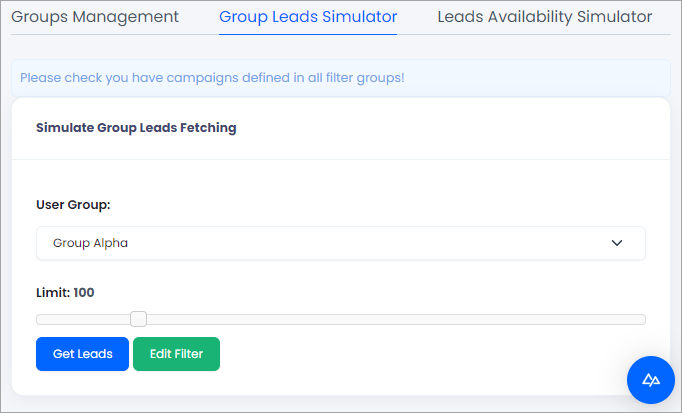 Screenshot of the Group Leads Simulator tab