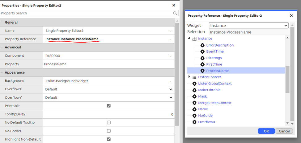 Single Property Editor property reference configuration. In this example the editor is associated with MessageLog class property called ProcessName.