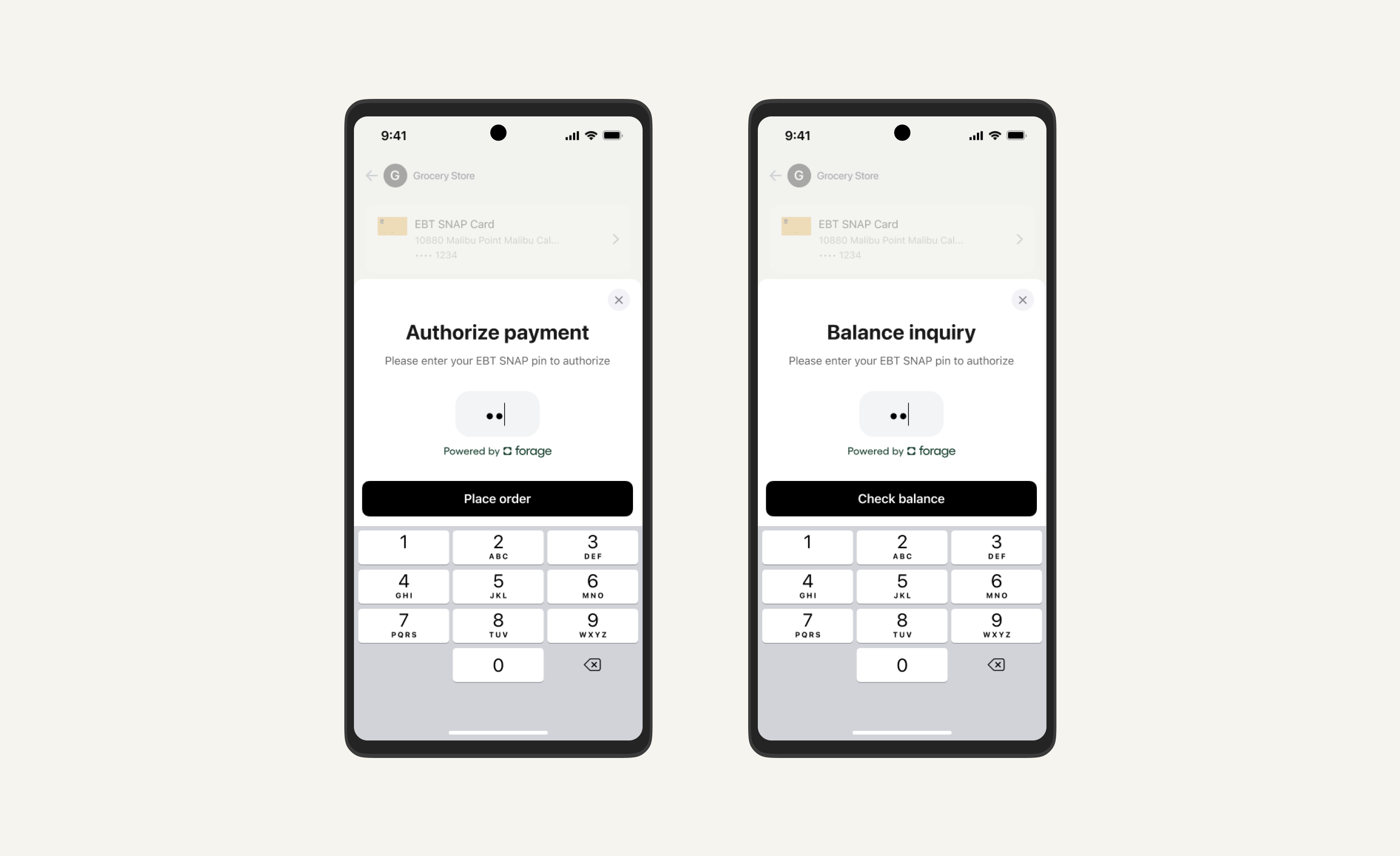 Two Android phone screens, one prompting for an EBT pin to process payment, the other prompting EBT PIN for balance inquiry