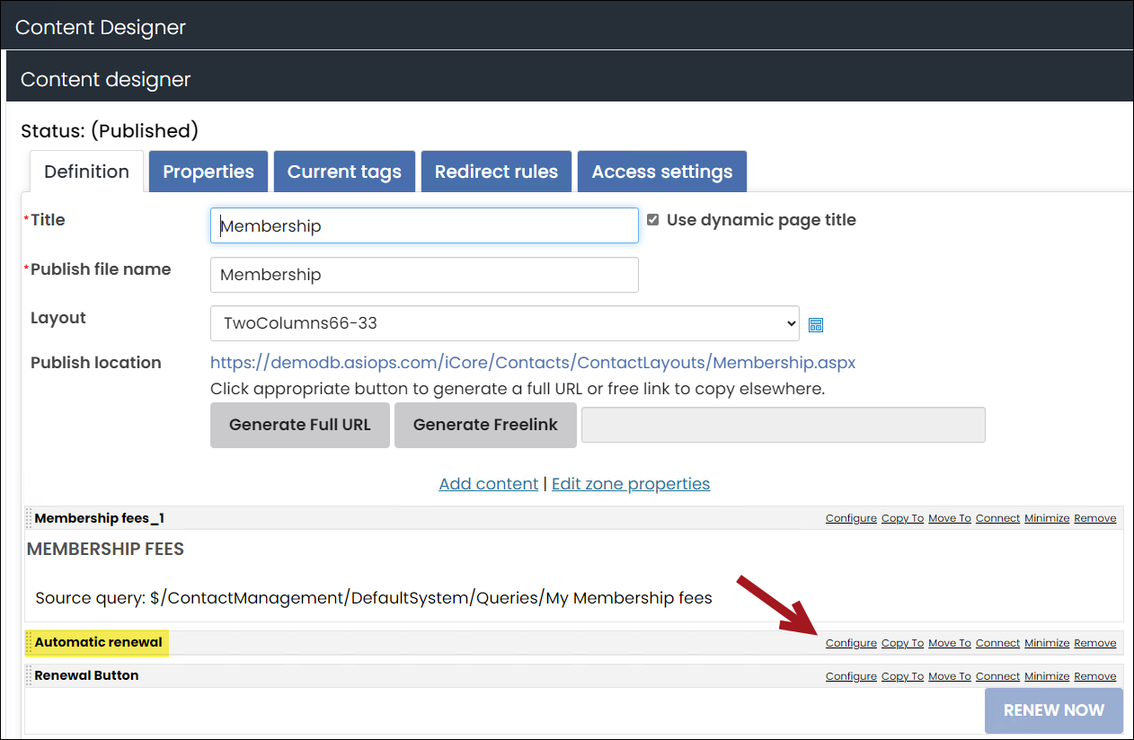 Configuring the Automatic Payment Enrollments content item