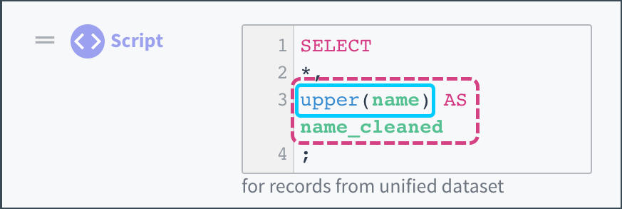 A script with an upper(name) expression and a named expression of upper(name) AS name_cleaned.