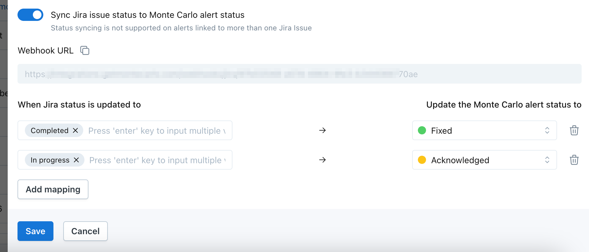 An example where the user has mapped 'Completed' and 'In progress' in Jira to 'Fixed' and 'Investigating' in Monte Carlo