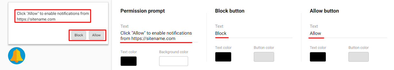 Permission prompt and button text