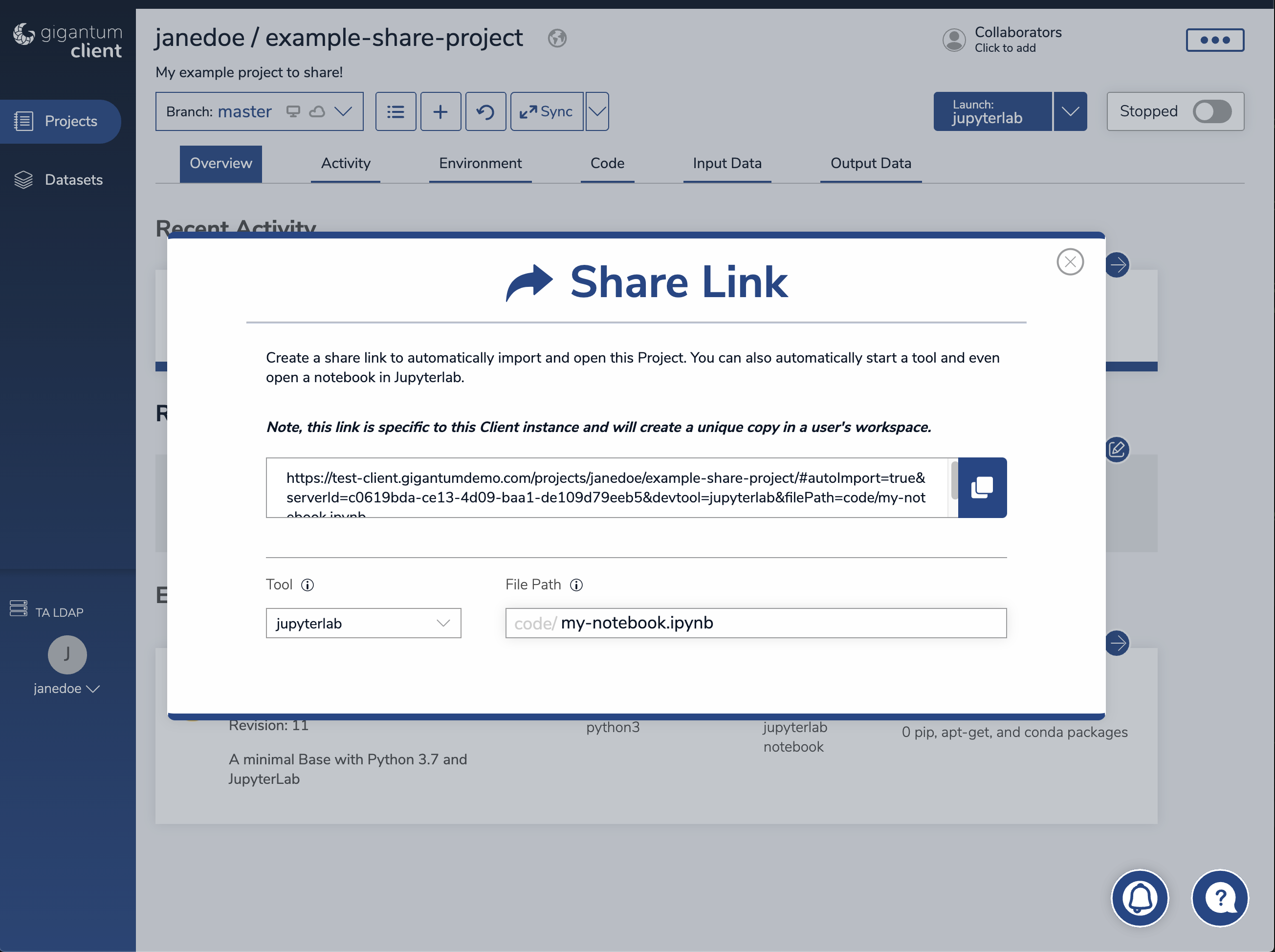 Use the share link modal to generate a shareable link.