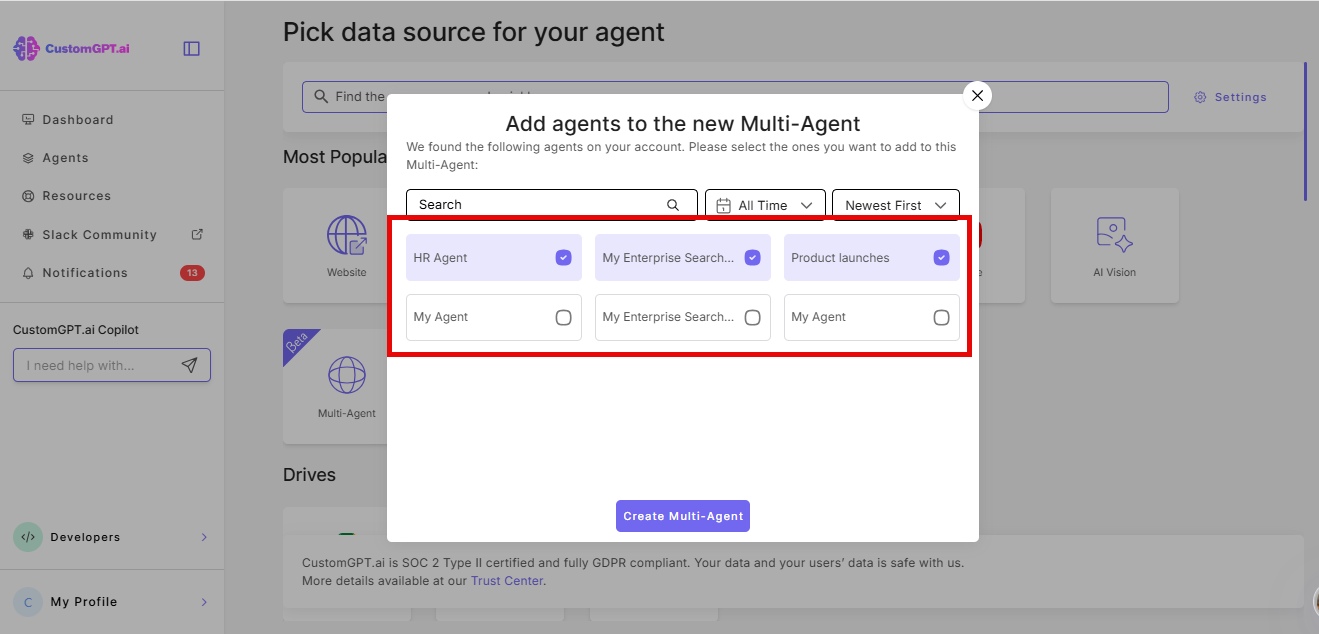 Pop-up window with a selection of agents to add to the Master agent
