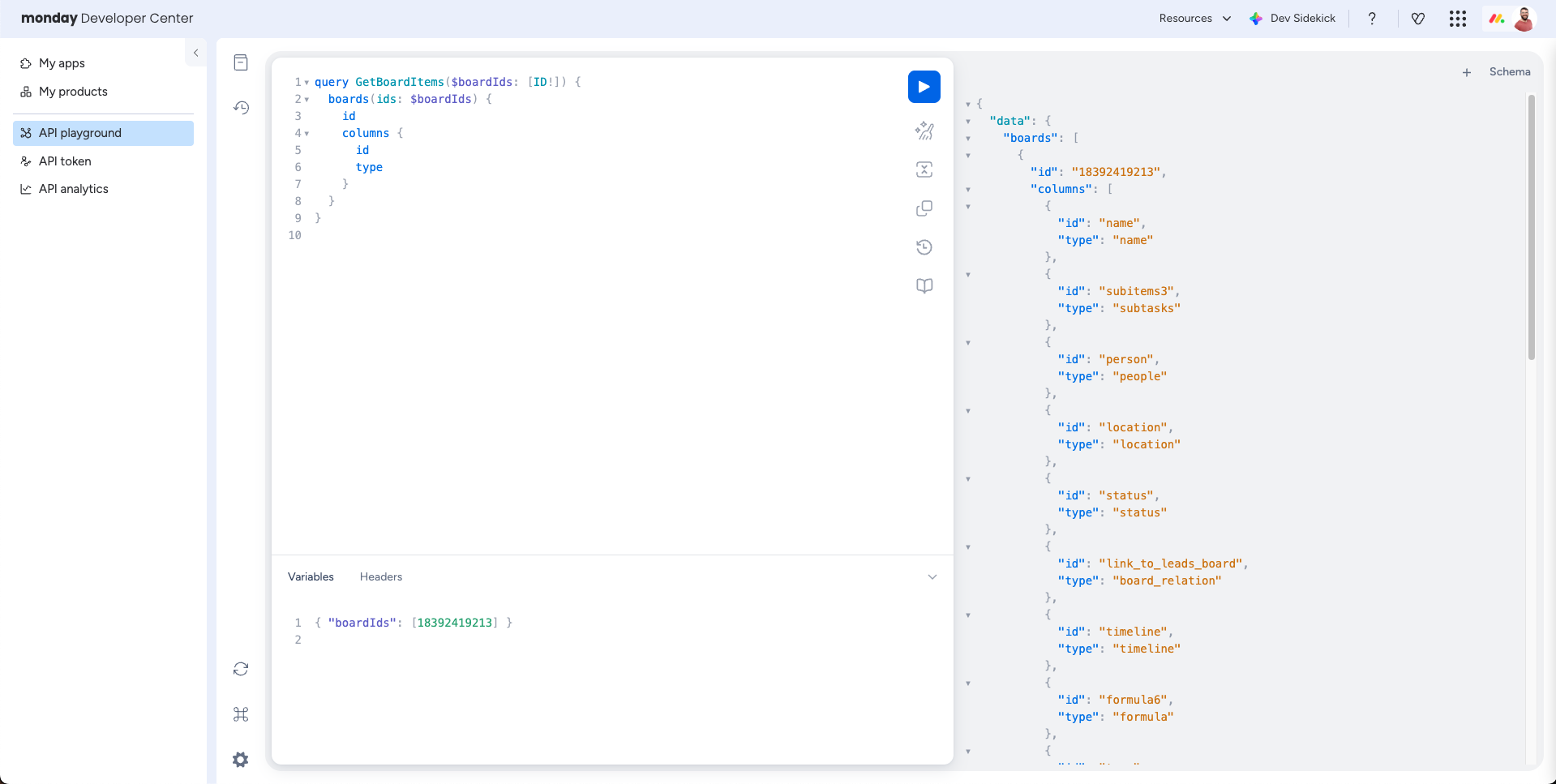 monday platform API playground