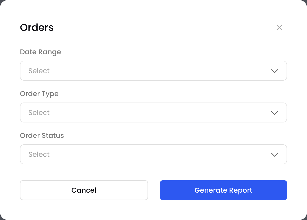 The Orders report filters