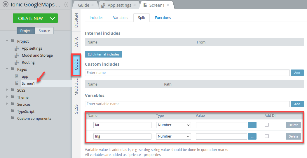 Add lat and lng variables