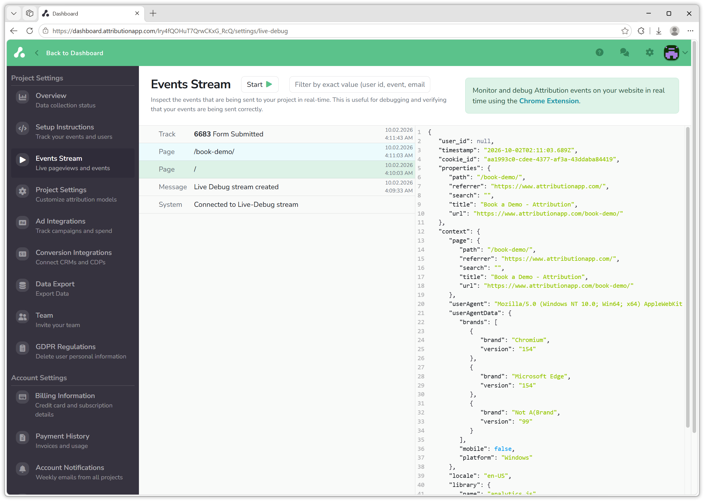 Settings, Events Stream: a live list of Page and Track events from the site on the left, with the raw JSON of the selected page view, including path, referrer and url, on the right