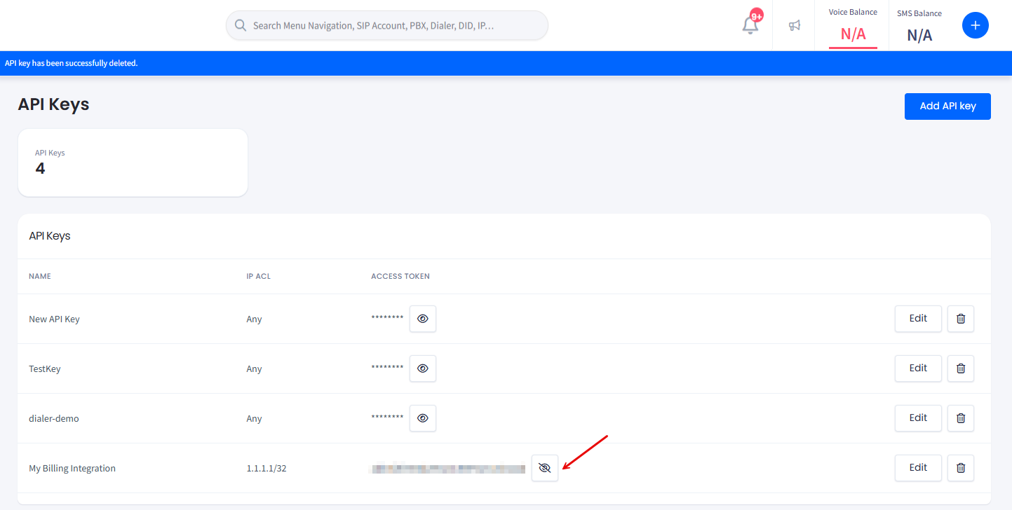 A revealed access token in the API Keys list