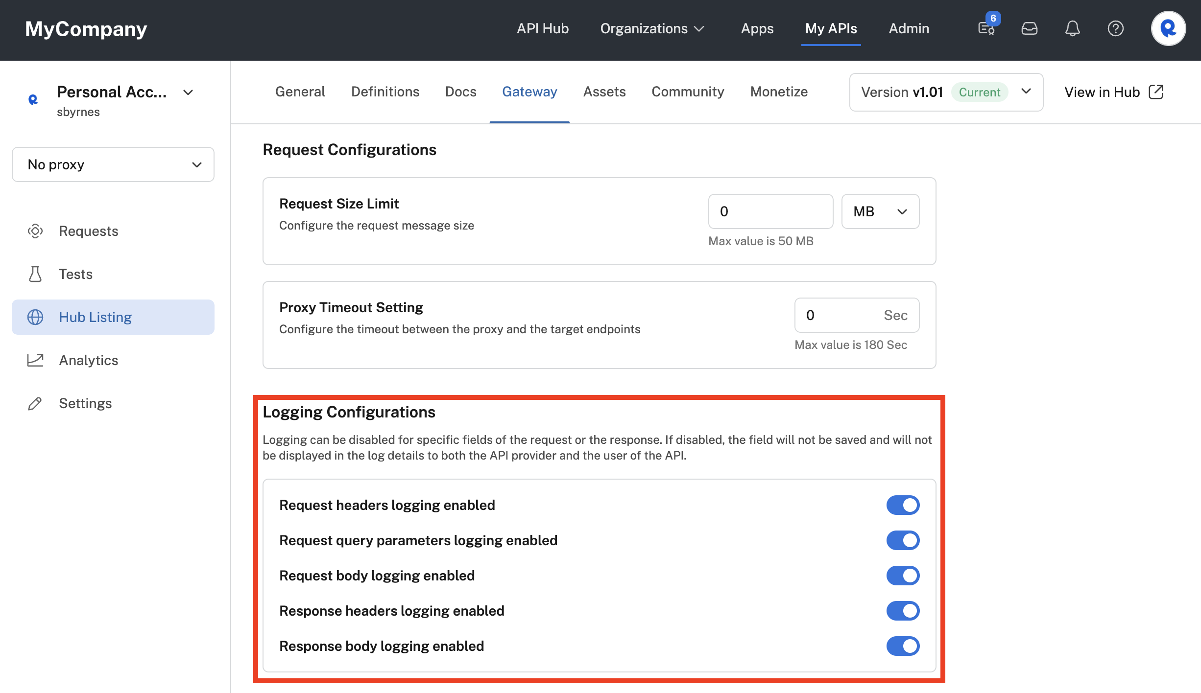 Logging configurations for an API.