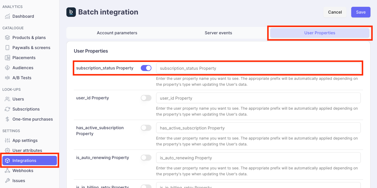 When activating the forwarding of user properties, they will be updated in real time all along the subscription lifecycle. User properties name can be overridden to match your own nomenclature