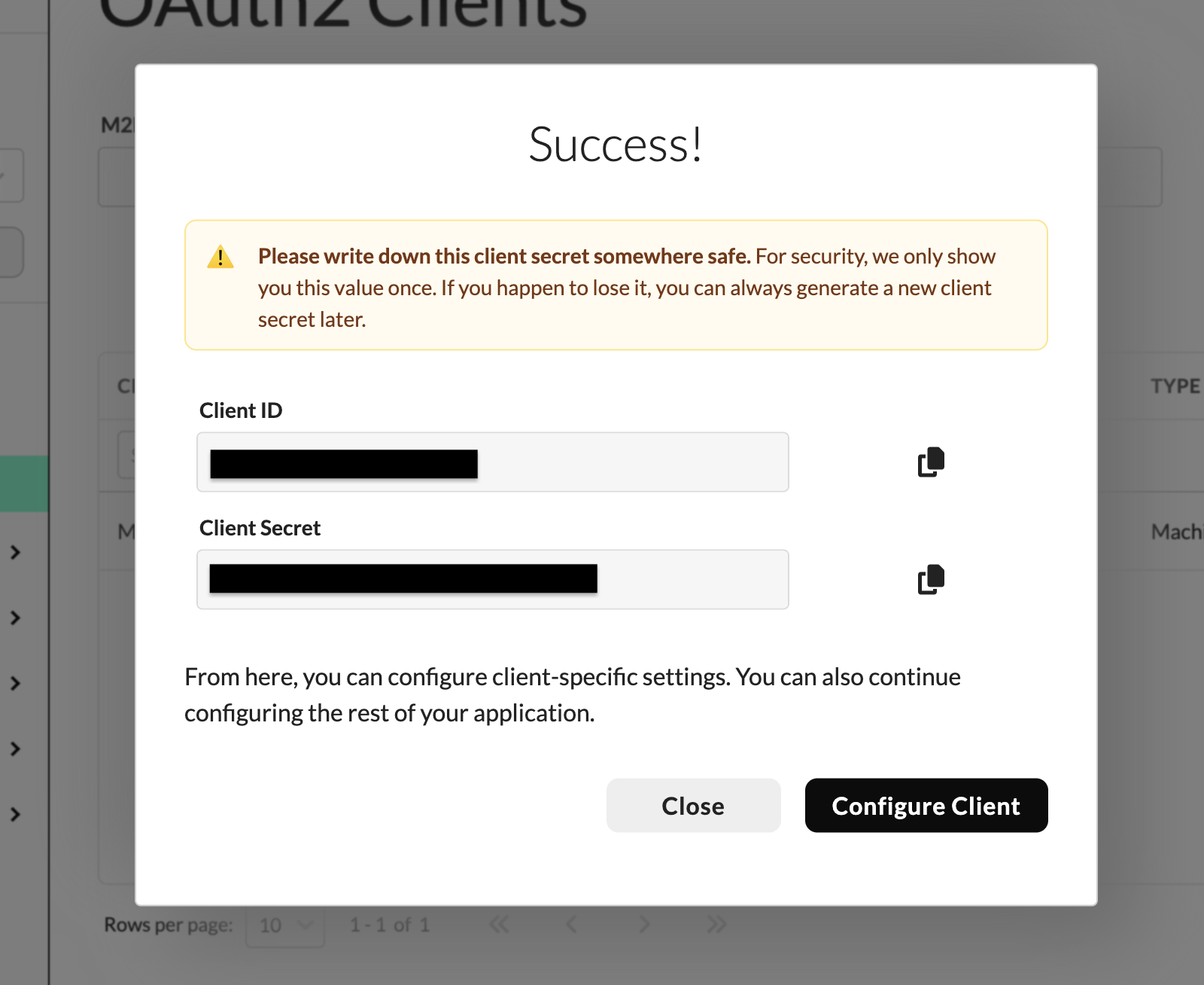 Success dialog displaying the newly created client's Client ID and Client Secret.