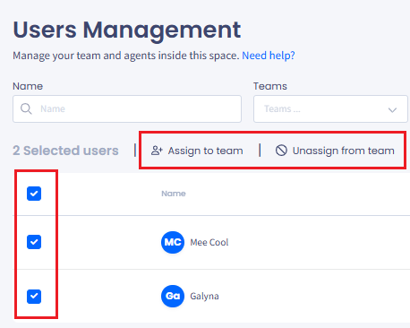 Screenshot of the bulk management options showing checkboxes to select the users and the 'Assign to team' and 'Unassign from team' buttons.