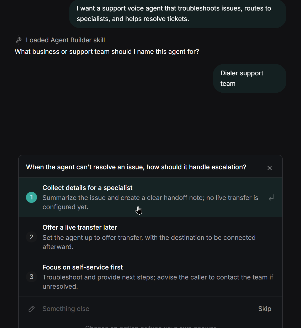 Screenshot of creating an agent