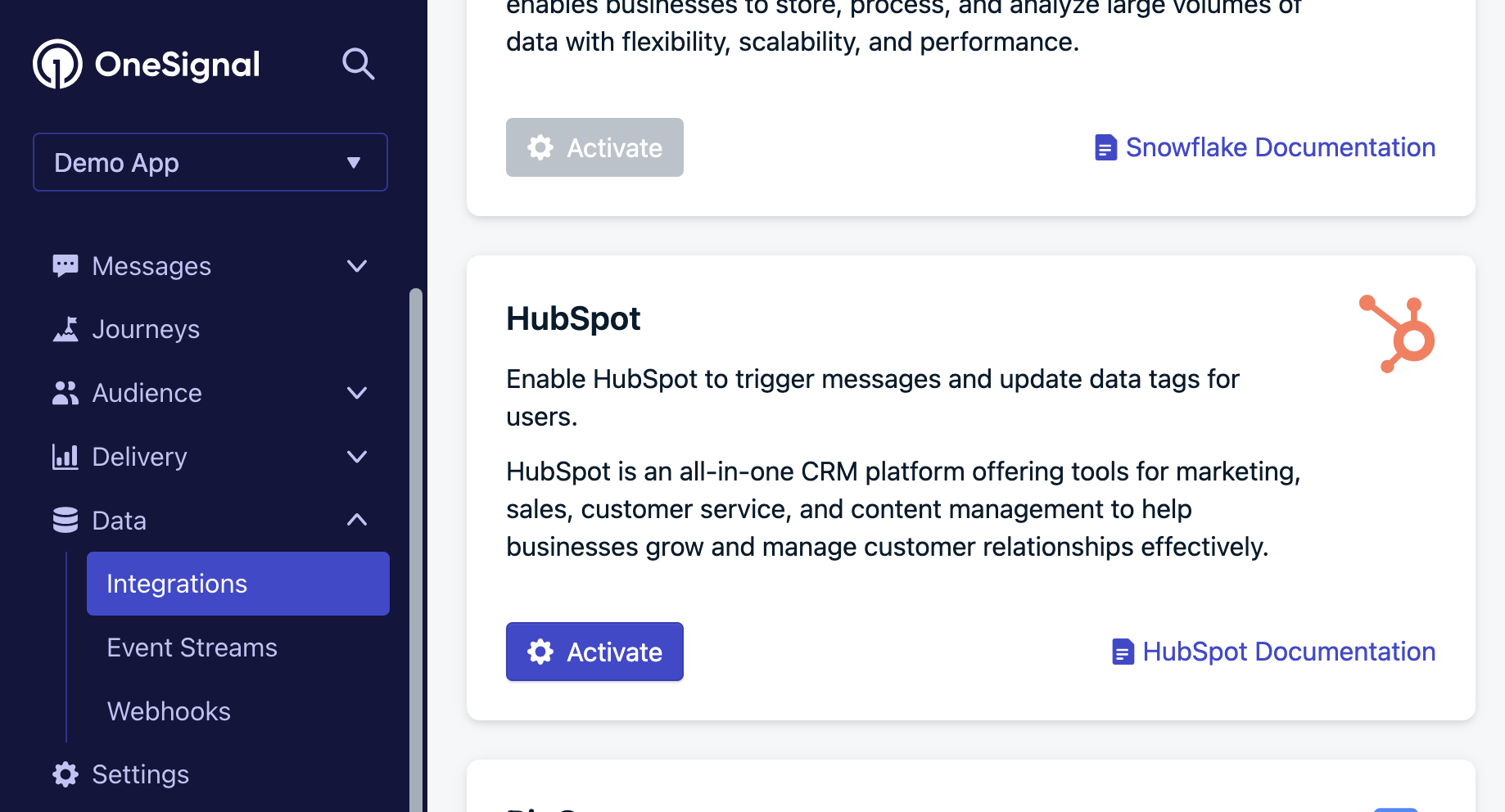 The HubSpot Integration card on OneSignal's Integrations page.