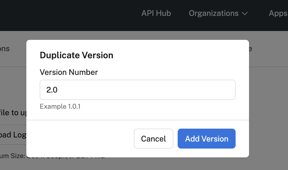Adding a new version of an API by clicking the Duplicate button.