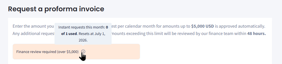 Screenshot of the Request a proforma invoice form showing the Finance review required banner when the monthly auto-approval limit is reached