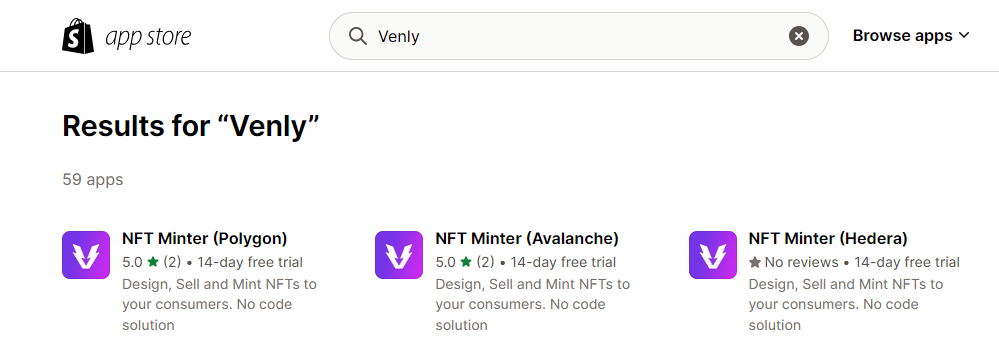 Venly Minter App on Shopify Store