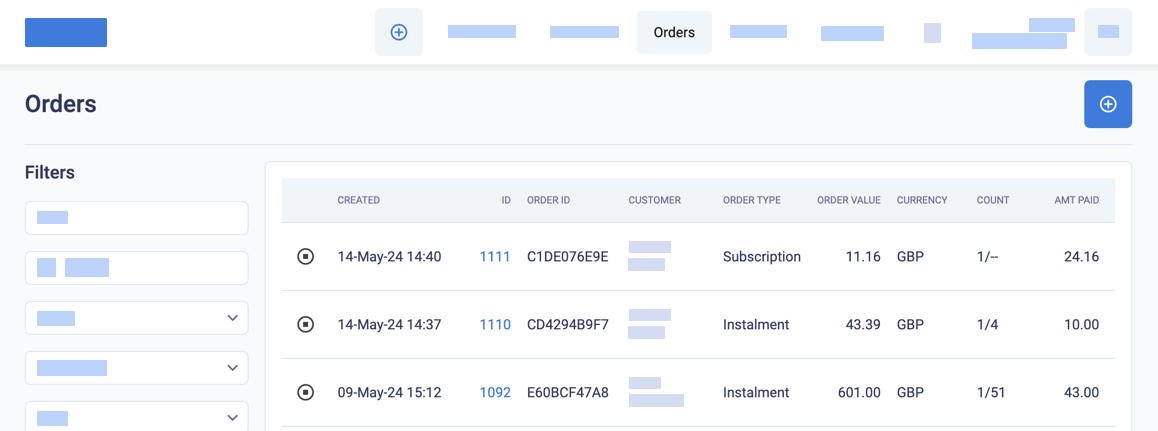 Suspended orders in the orders list