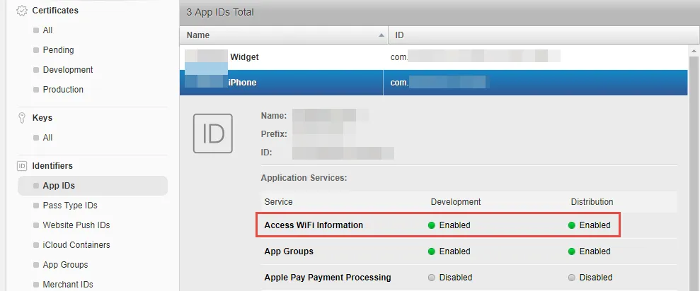 Enable Access WiFi Information for the App ID