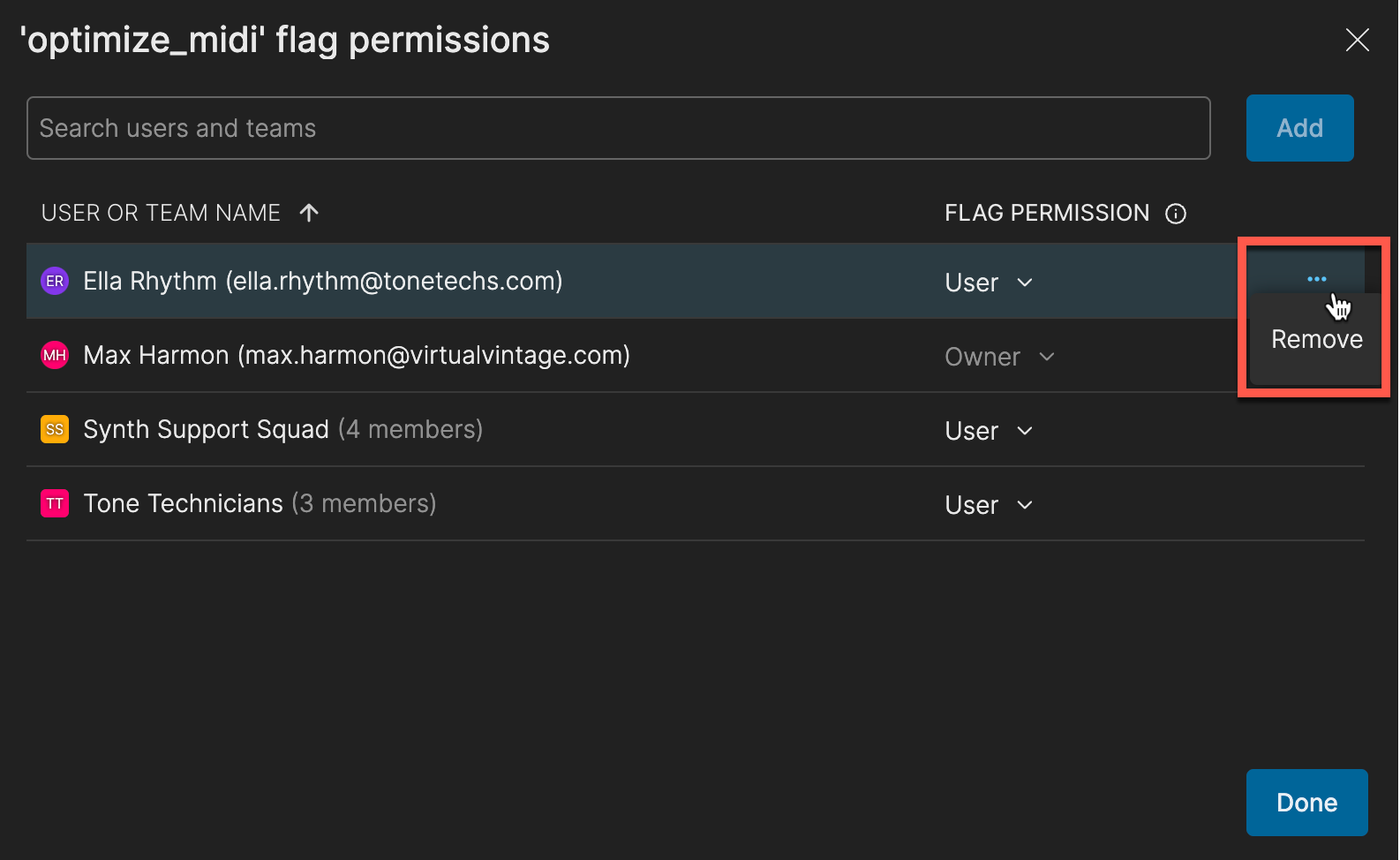 Flag permissions screen for an example flag in Atono, showing the option to remove a user's permissions by selecting 'Remove' from the ellipses dropdown menu.