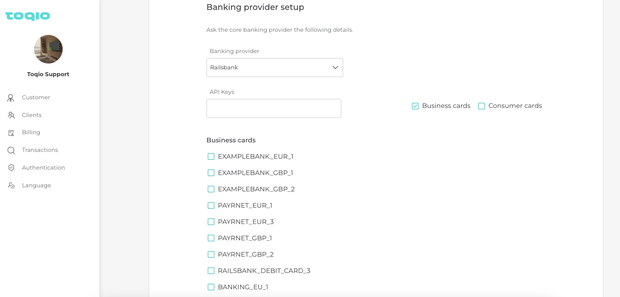 Railsbank card setup in Admin portal