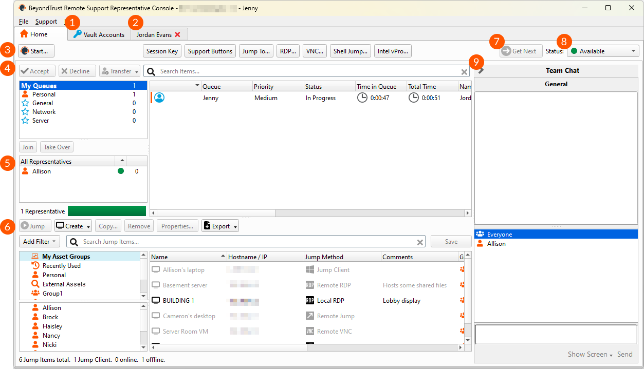 The Remote Support representative console home tab