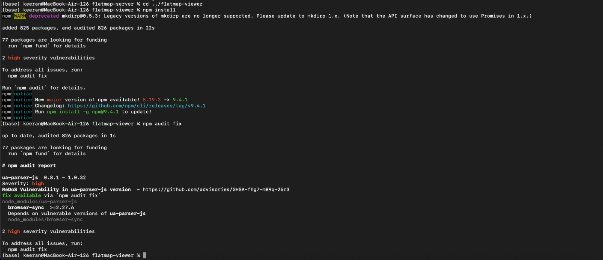 Figure 21: Installation of npm. Note that the output mentions high severity vulnerabilities, which can be resolved with npm audit fix.