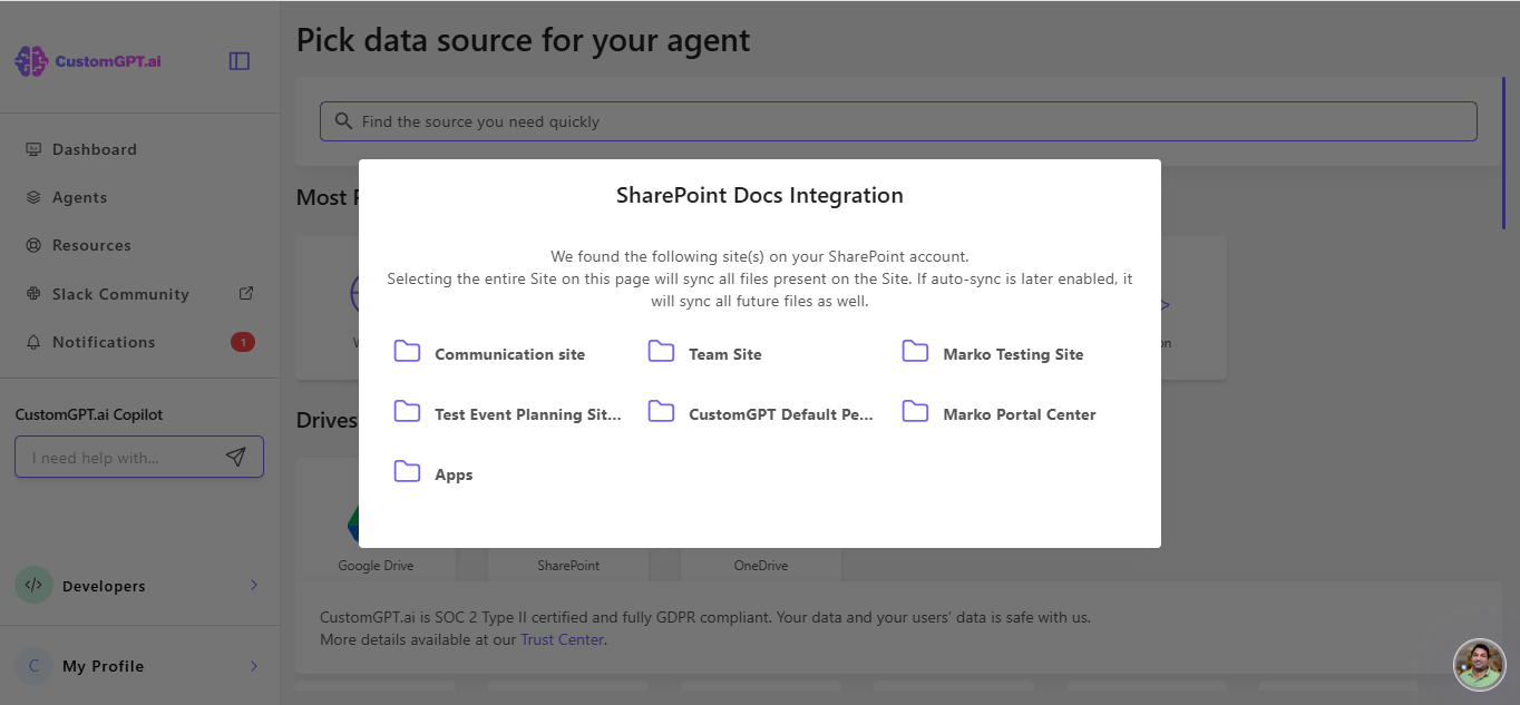 sharepoint site selection screen