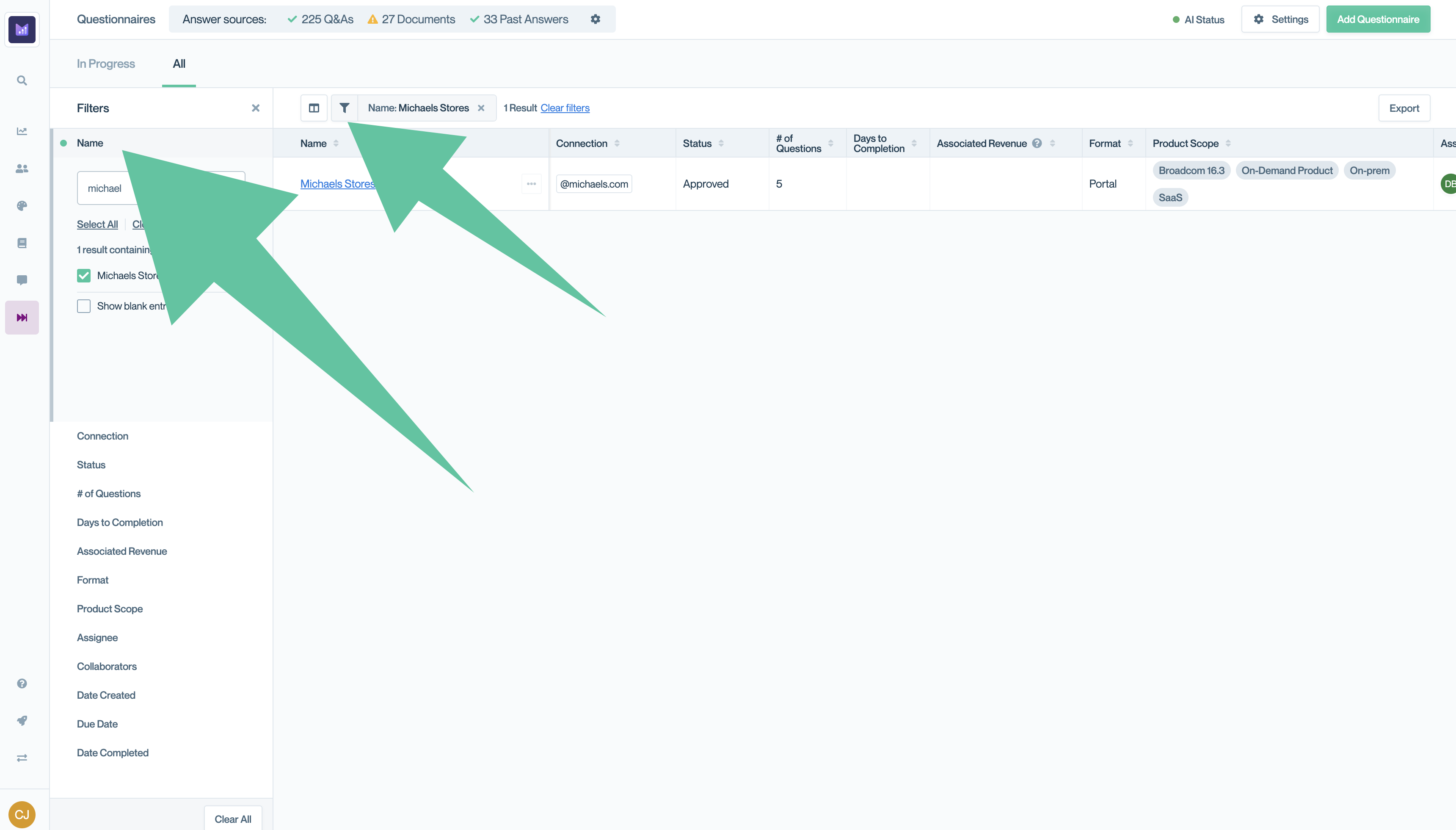 Filtering questionnaires on the "All" table view.