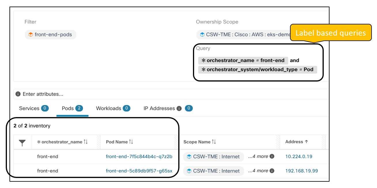 Figure 5: An Inventory filter based on Pod metadata