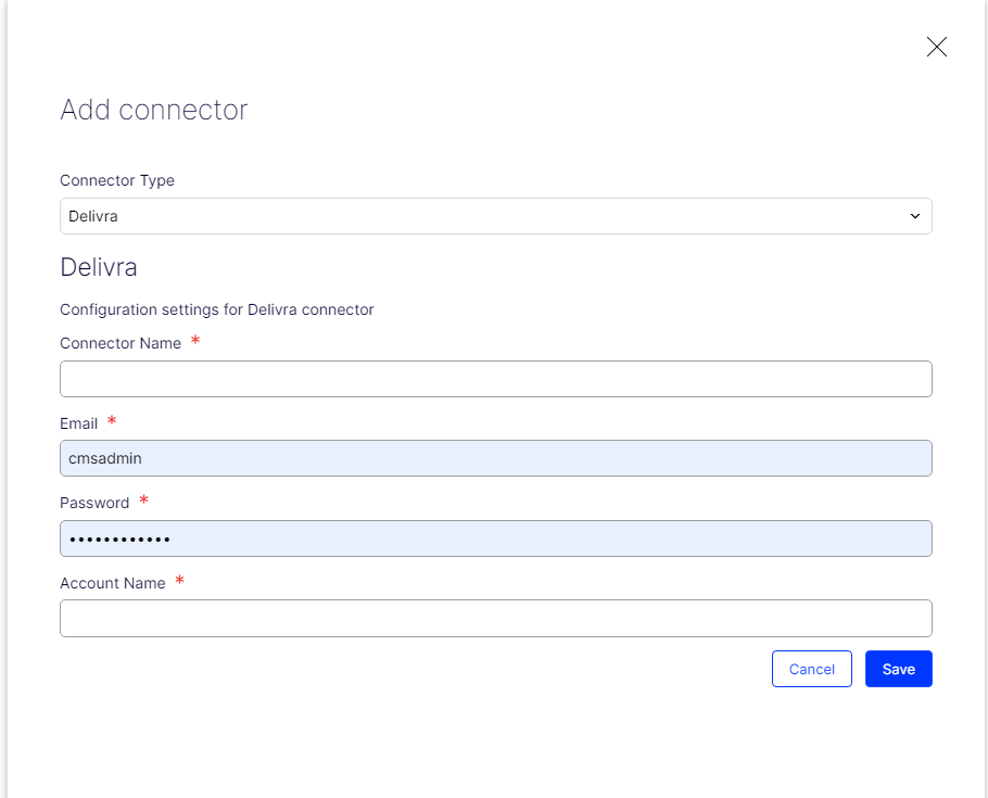 Screenshot of the Delivra connector configuration settings where entering account credentials