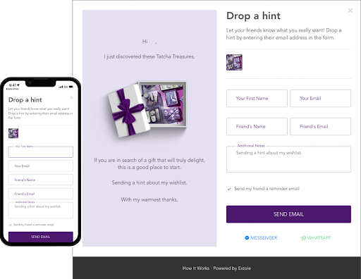 Web and mobile view of Tatcha's Drop a Hint program share experience