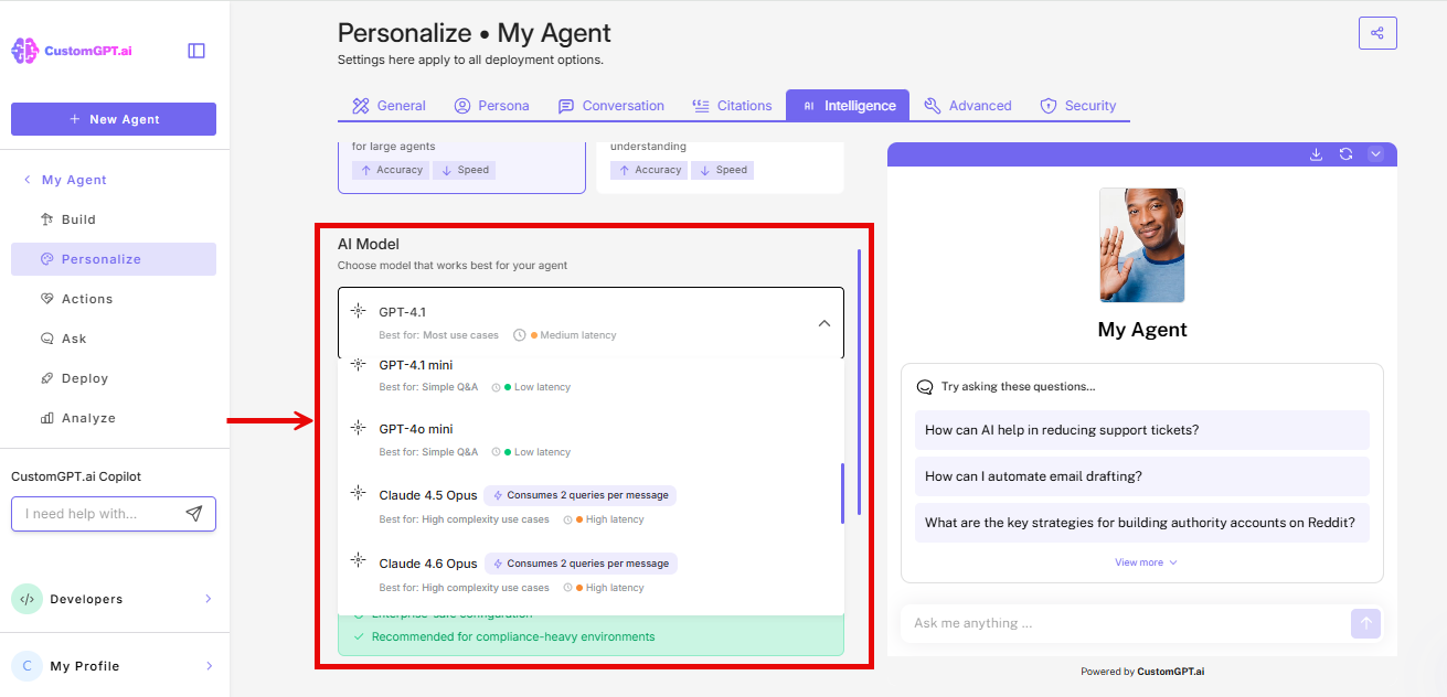 Screenshot: AI model selection dropdown