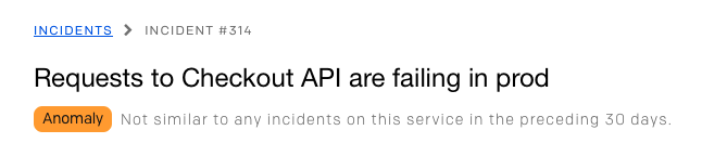 A screenshot of the PagerDuty web app UI indicating an incident with the "Anomaly" Outlier Incident label
