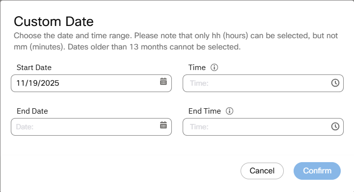 Custom Date pop-up appears when you choose custom time period. This allows to generate a report with a specified date/time range.