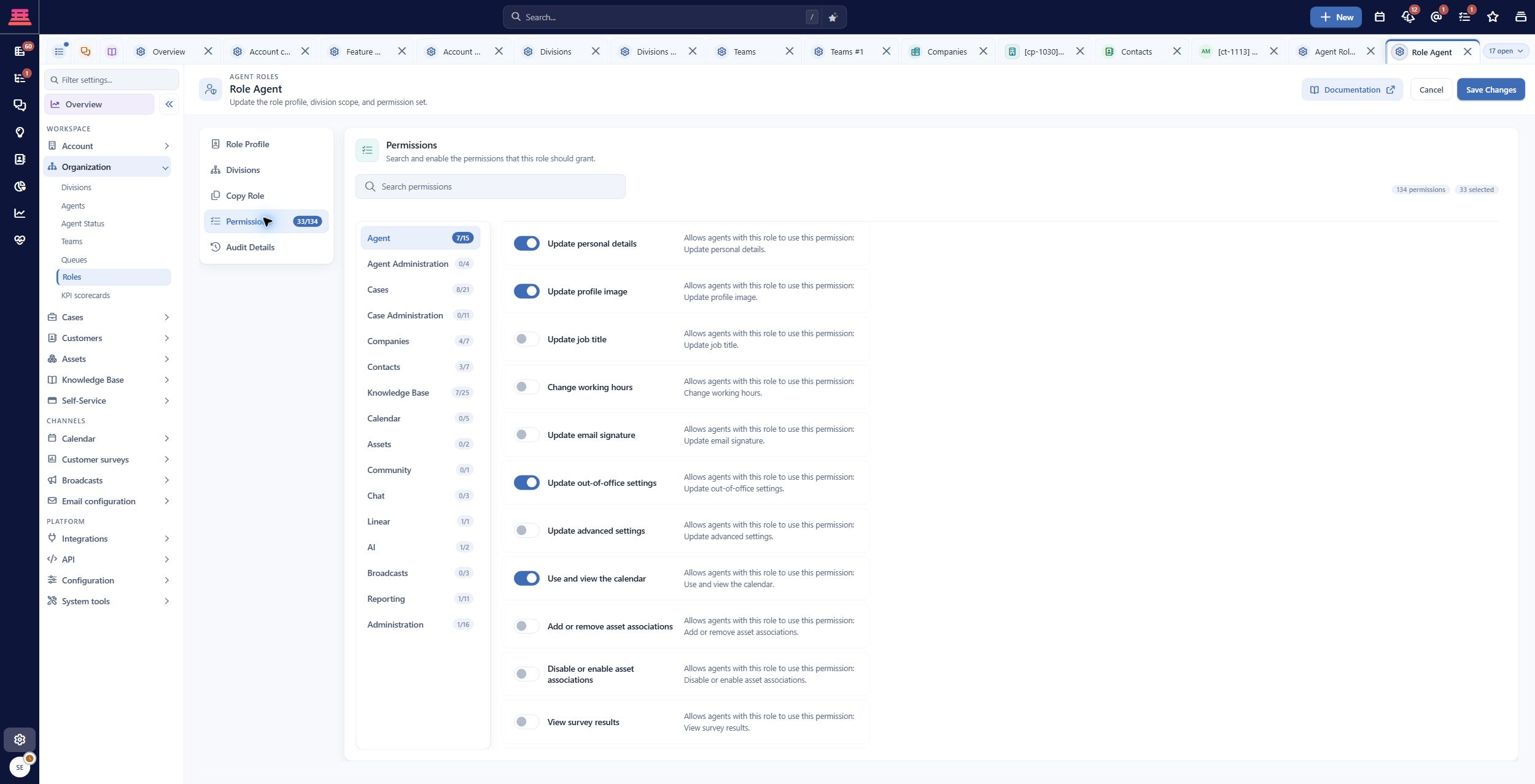 Saved Agent role permissions. Each switch controls a specific staff capability.