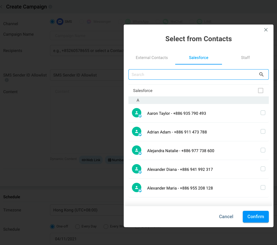 Send SMS Dynamic Campaign to Salesforce Contacts