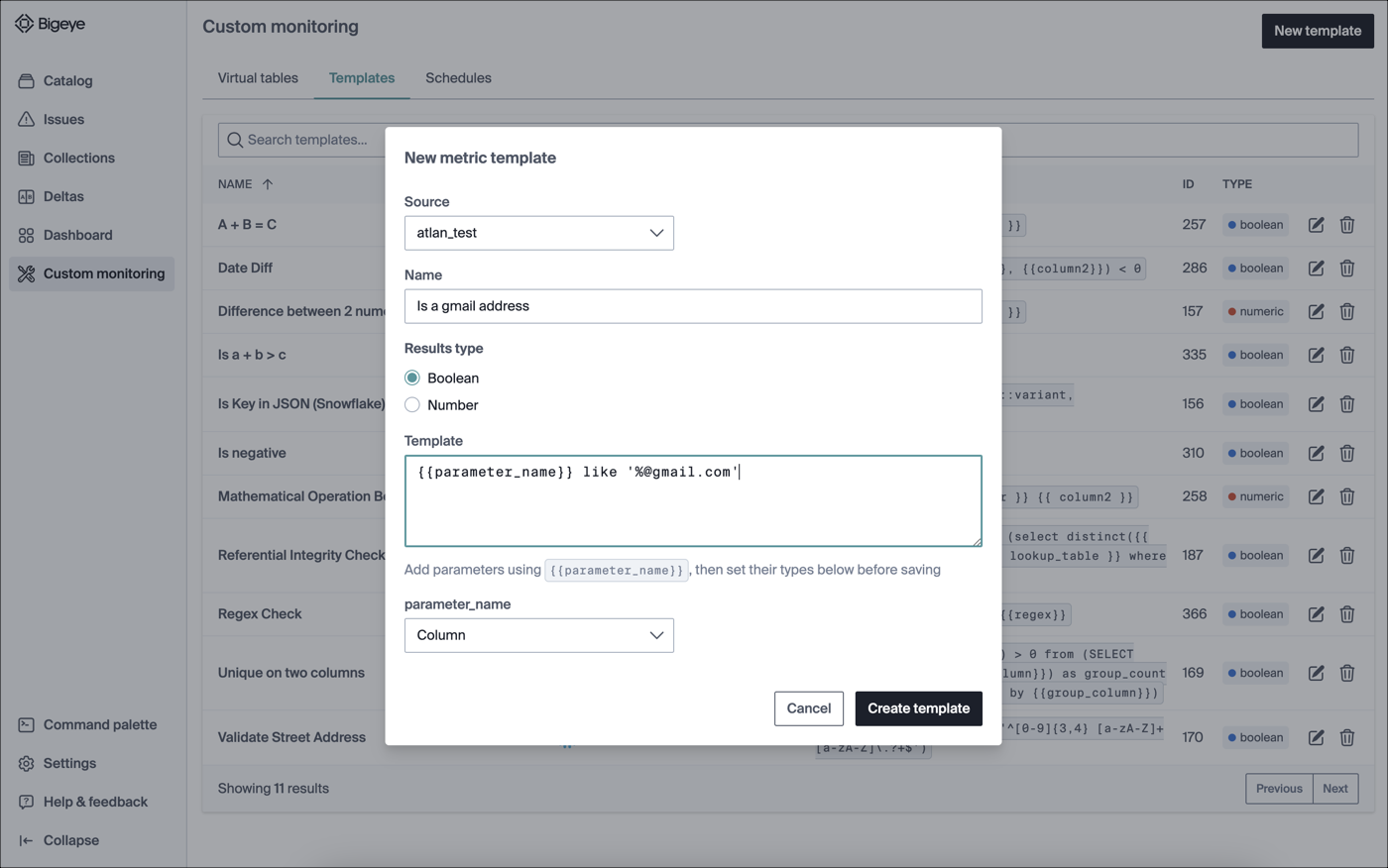 A metric template that checks to see if an email address is for gmail. 