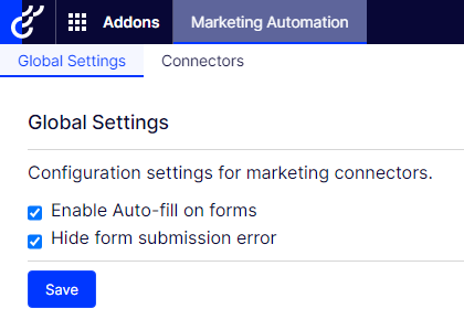 Screenshot of the Marketing Connectors Global Settings where configuring auto-fill and form submission error options