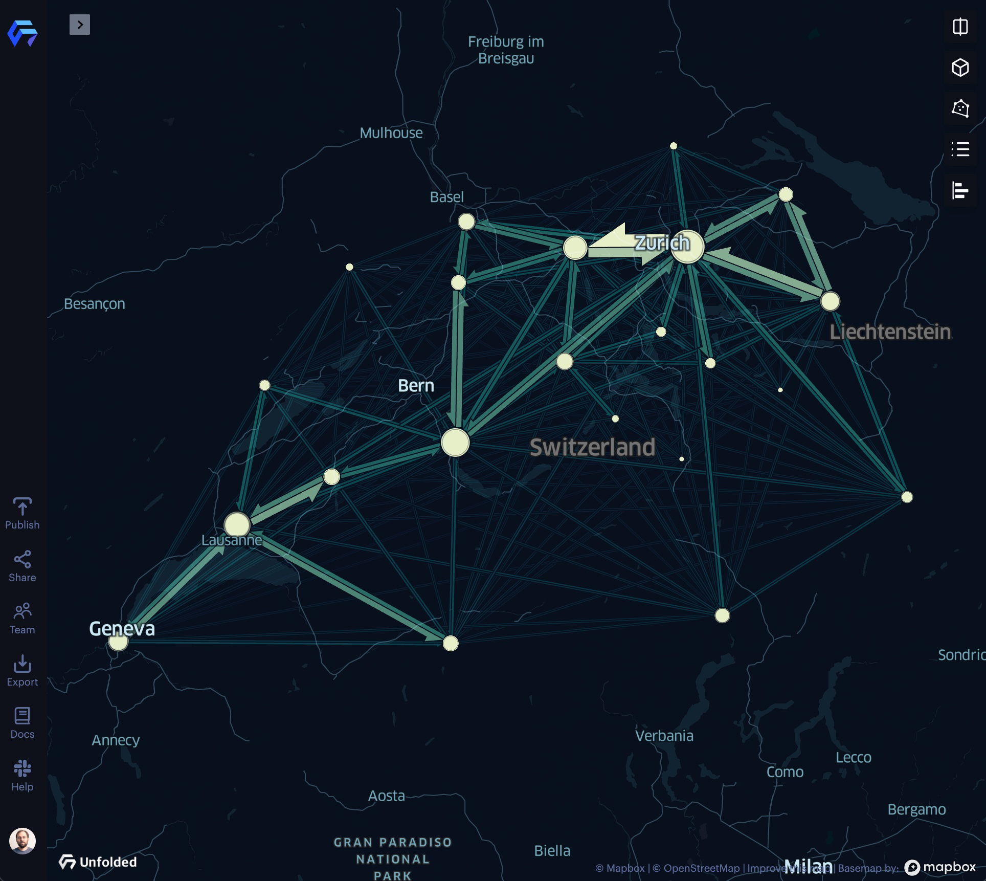 An example of origin-destination visualization with the Flow Layer.