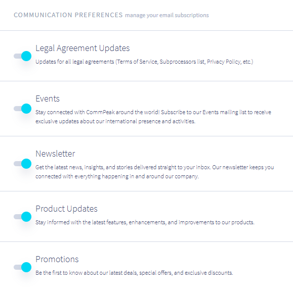 Screenshot of setting communication preferences